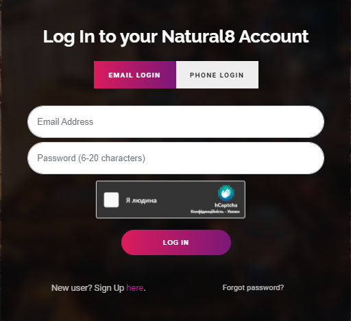 Natural8 registration form